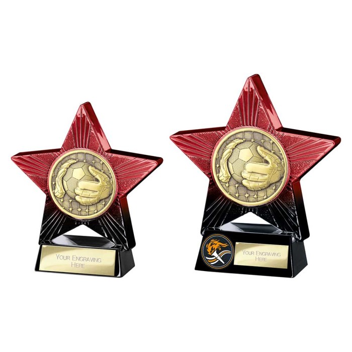 SUPERSTAR RED FOOTBALL GOALKEEPER RESIN TROPHY - 2 SIZES - 11CM & 14CM